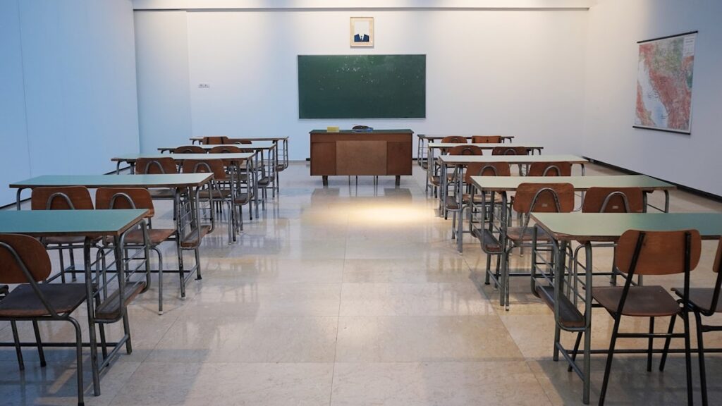 classroom with desks and positive messages